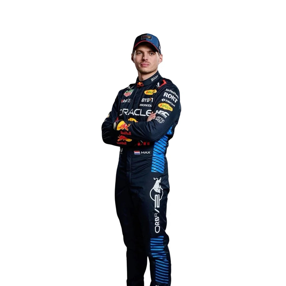 Red Bull 2024 F1 Racing Suit Max Verstappen with various sponsor logos on a white background