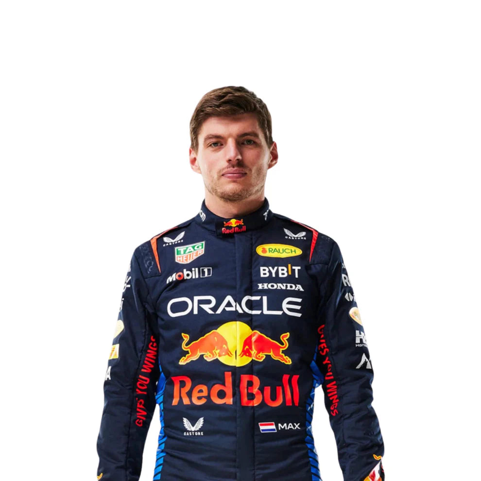 Red Bull 2024 F1 Racing Suit Max Verstappen with various sponsor logos on a white background
