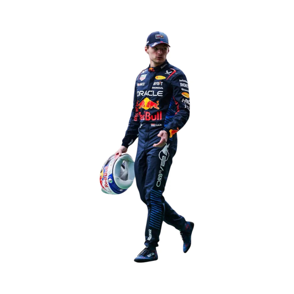 Red Bull 2024 F1 Racing Suit Max Verstappen holding a helmet on a white background