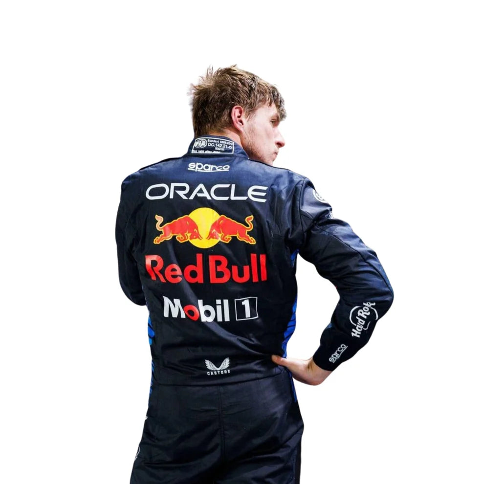 Red Bull 2024 F1 Racing Suit Max Verstappen with Oracle, Red Bull, and Mobil 1 logos on a white background