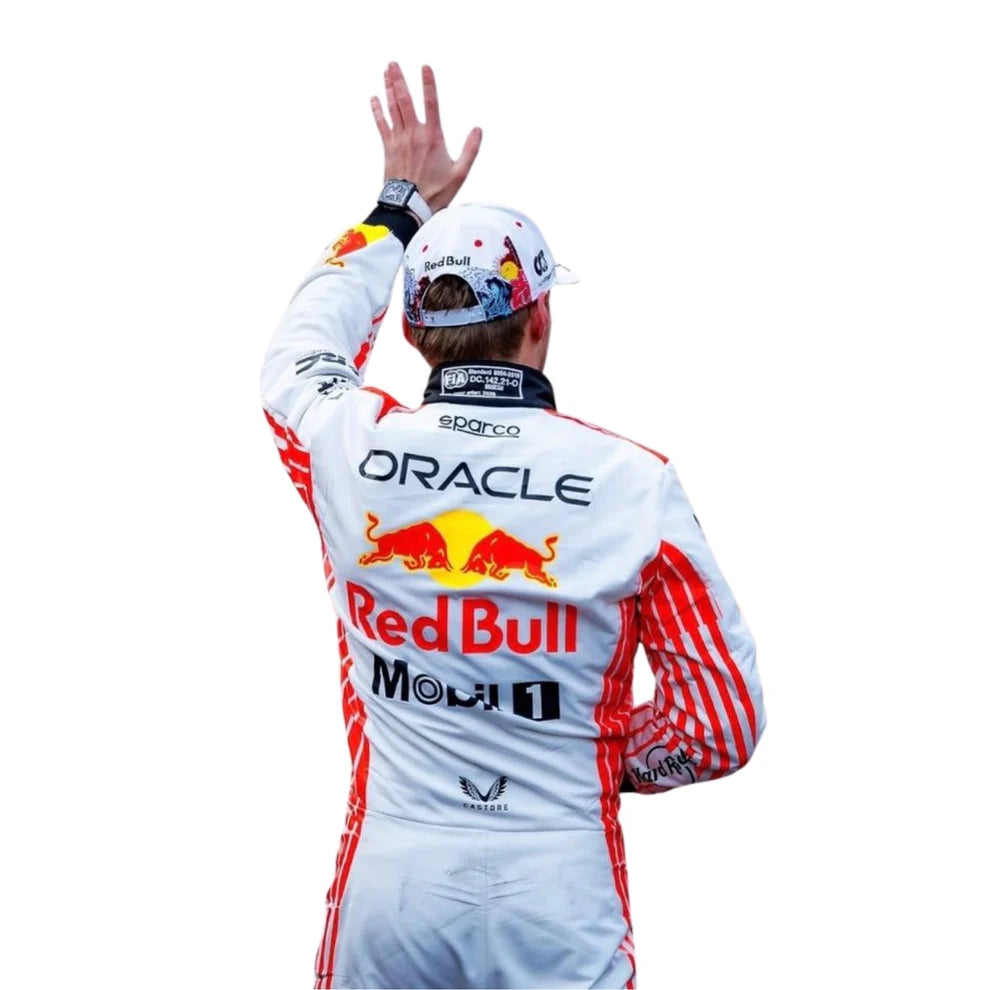 Red Bull 2025 Japanese GP F1 Racing Suit Max with Oracle branding on a white background