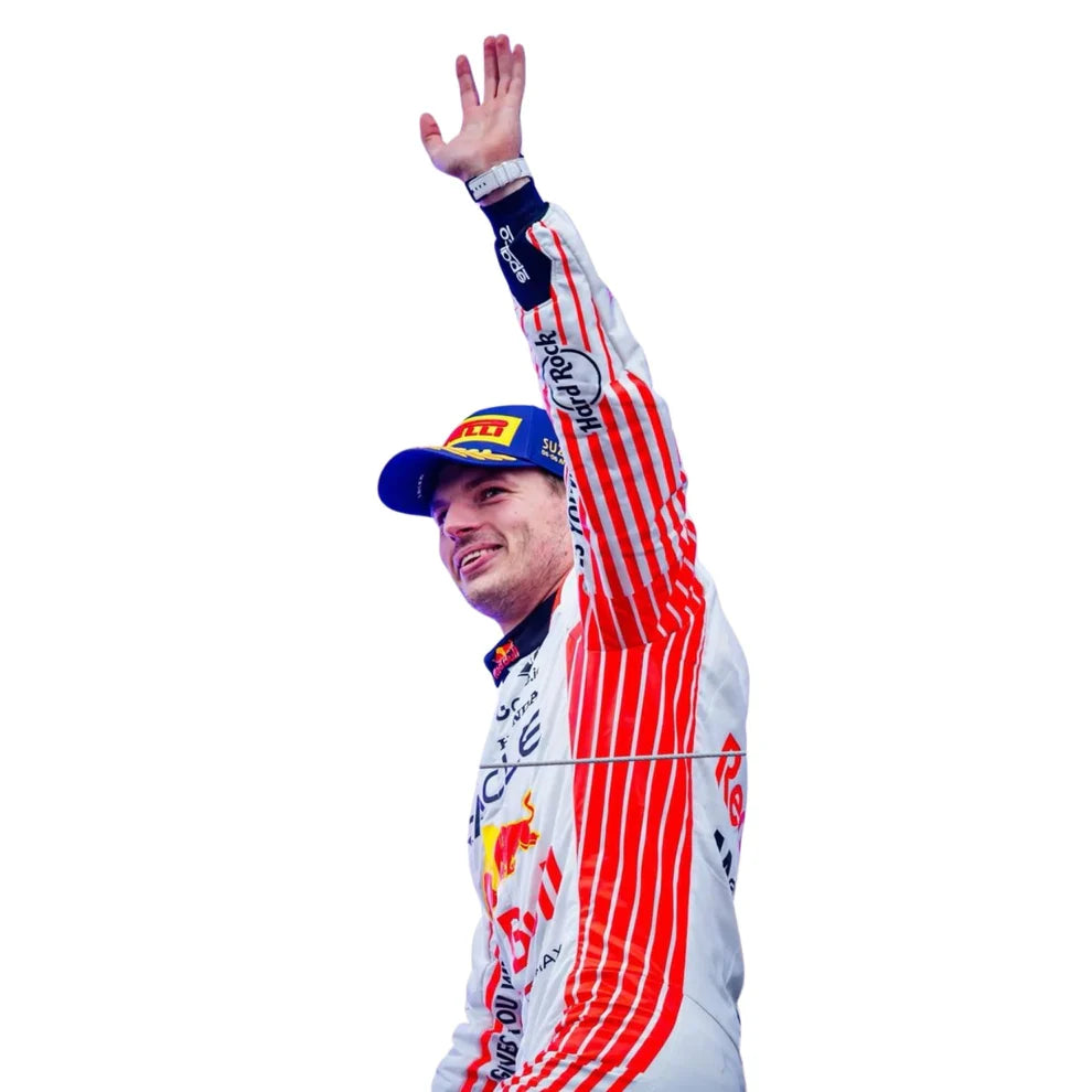 Red Bull 2025 Japanese GP F1 Racing Suit Max Verstappen, waving on a white background