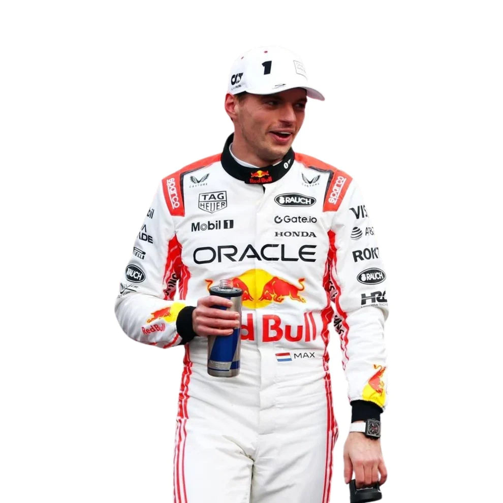 Red Bull 2025 Japanese GP F1 Racing Suit Max Verstappen holding a drink on a white background