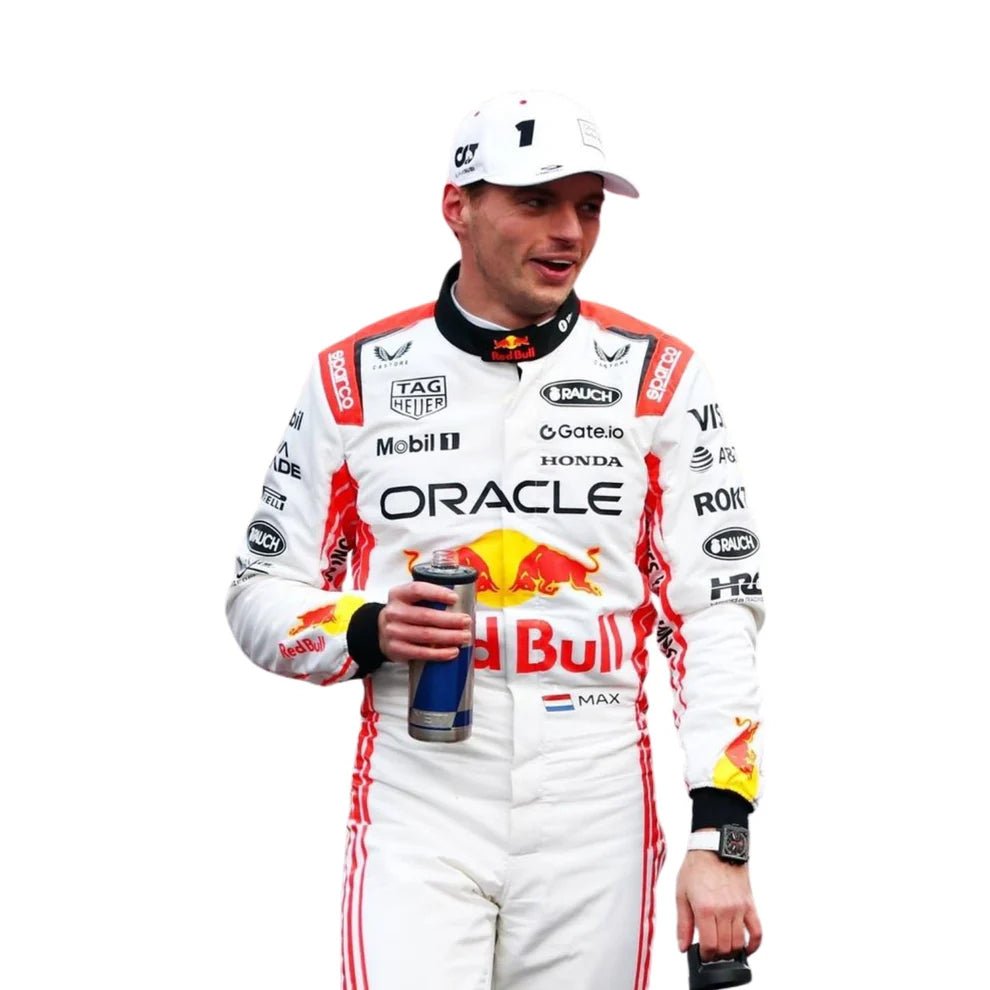 Red Bull 2025 Japanese GP F1 Racing Suit Max Verstappen holding a drink on a white background