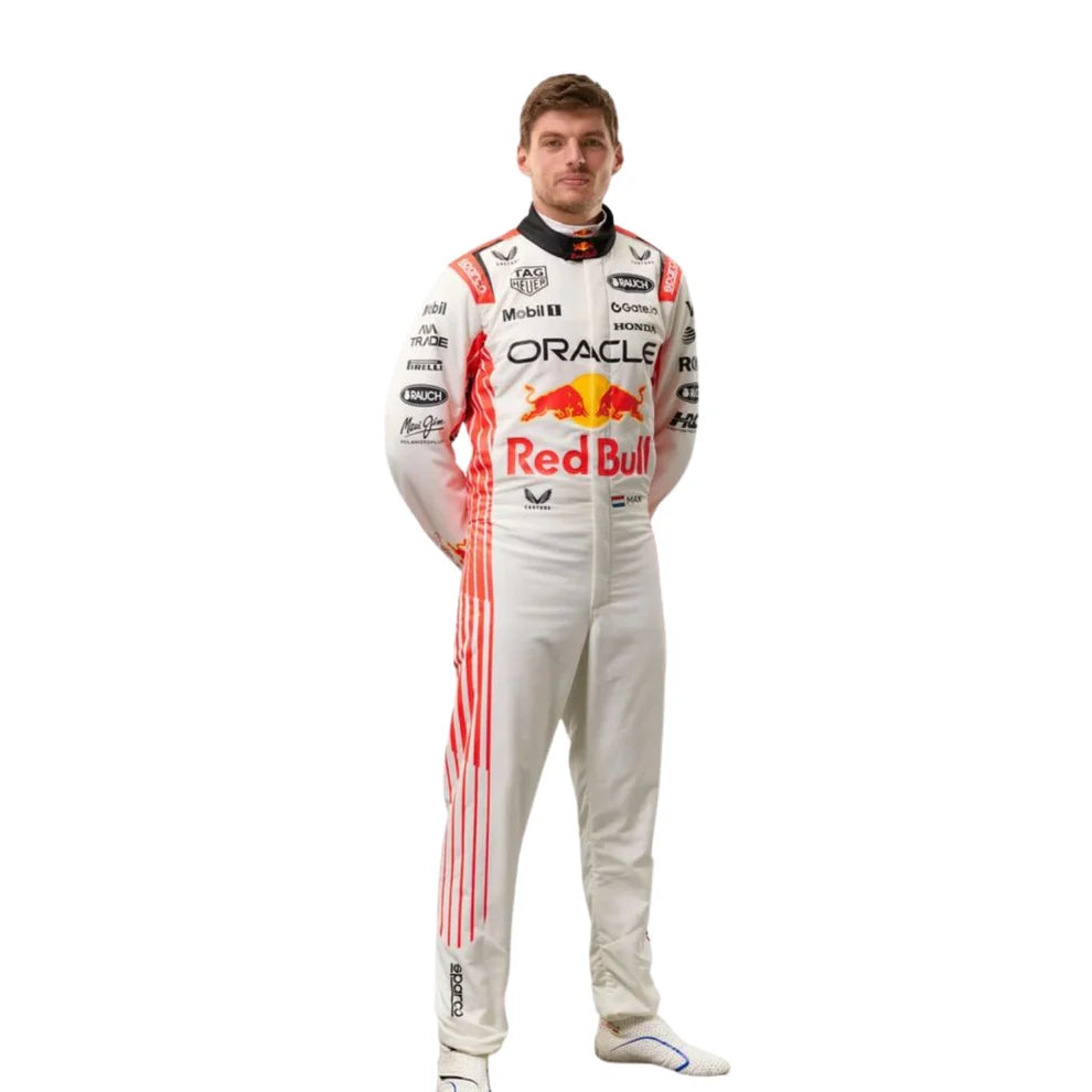 Red Bull 2025 Japanese GP F1 Racing Suit Max Verstappenon a white background