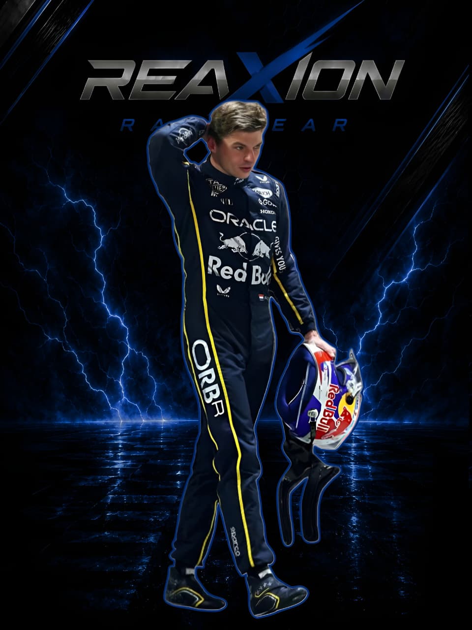 Red Bull 2025 Las Vegas GP F1 Racing Suit Max Verstappen holding a helmet with REAXION RACEGEAR text and branding