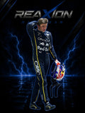 Red Bull 2025 Las Vegas GP F1 Racing Suit Max Verstappen holding a helmet with REAXION RACEGEAR text and branding