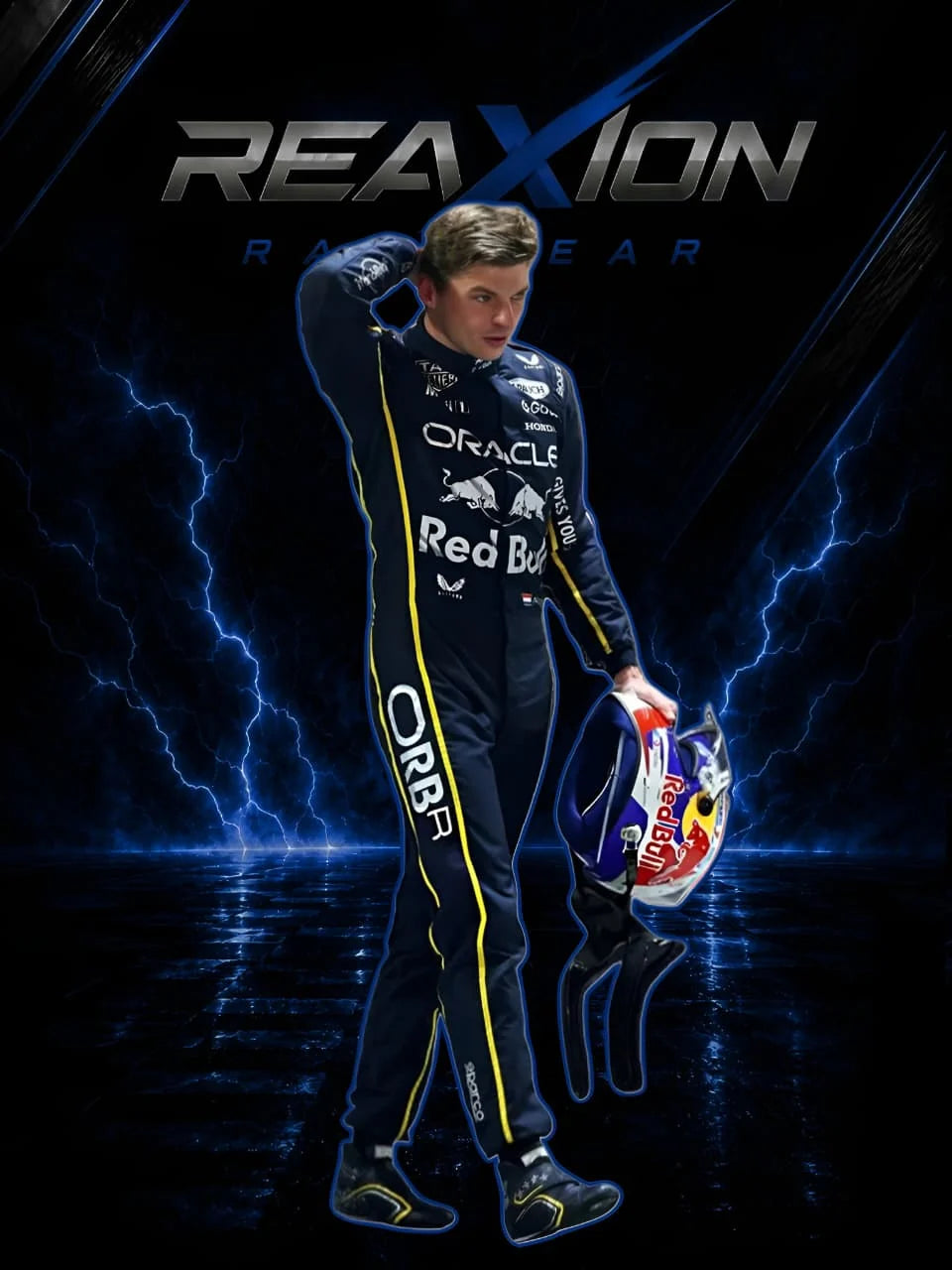 Red Bull 2025 Las Vegas GP F1 Racing Suit Max Verstappen holding a helmet with REAXION RACEGEAR text and branding