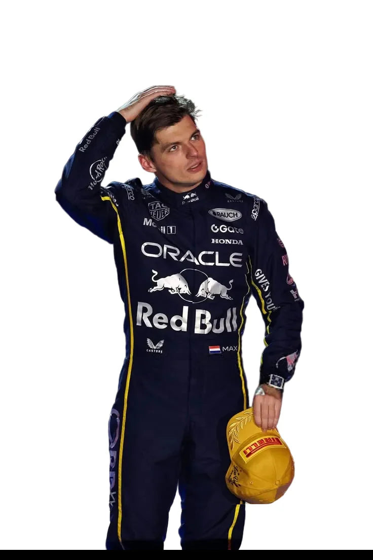 Red Bull 2025 Las Vegas GP F1 Racing Suit Max Verstappen holding a yellow helmet on a white background