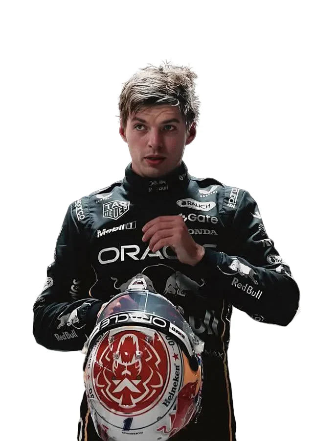 Red Bull 2025 Las Vegas GP F1 Racing Suit Max Verstappen with various sponsor logos, holding a helmet.