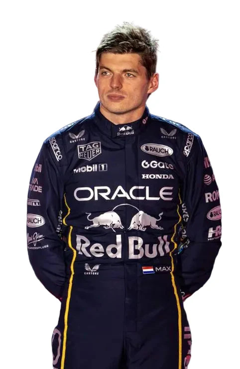 Red Bull 2025 Las Vegas GP F1 Racing Suit Max Verstappen with Oracle and Red Bull logos on a white background
