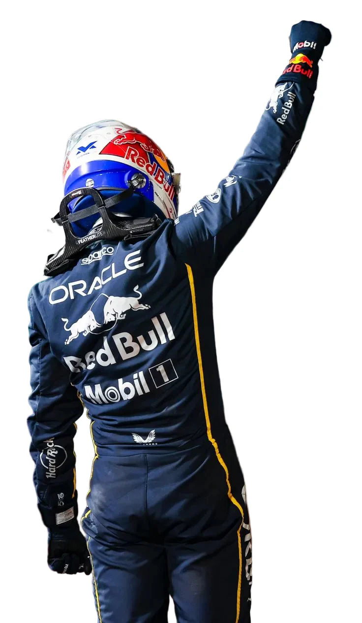 Red Bull 2025 Las Vegas GP F1 Racing Suit Max Verstappen with Red Bull and Oracle branding, celebrating with one arm raised.