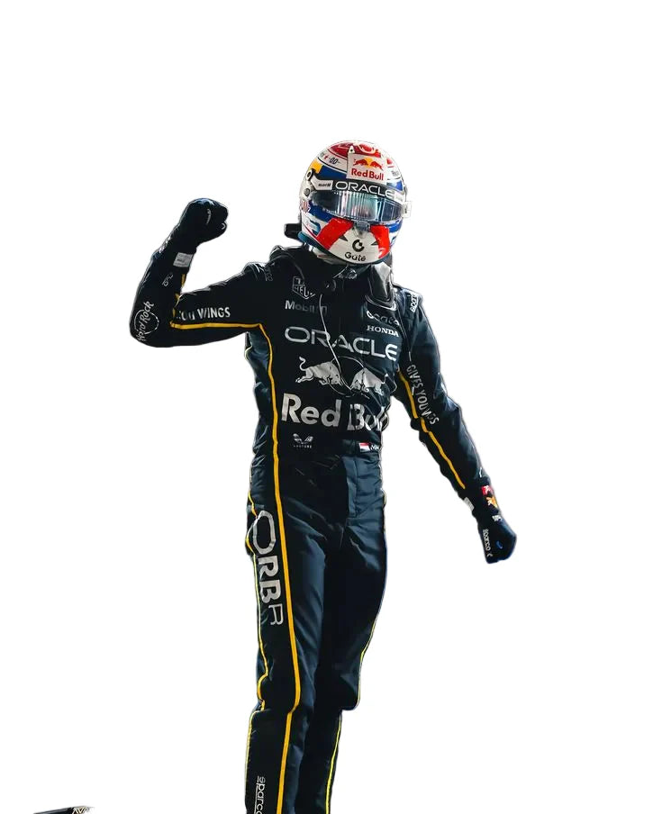 Red Bull 2025 Las Vegas GP F1 Racing Suit Max Verstappen with Oracle and Red Bull branding on a white background