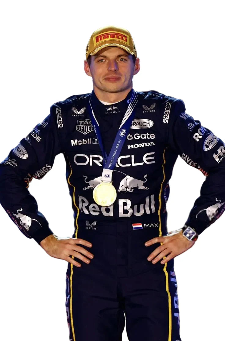 Red Bull 2025 Las Vegas GP F1 Racing Suit Max Verstappen with various sponsor logos, holding a medal.