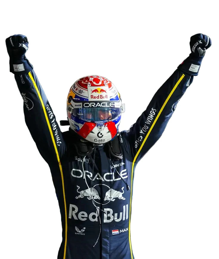 Red Bull 2025 Las Vegas GP F1 Racing Suit Max Verstappen wearing helmet with Red Bull and Oracle branding, celebrating with arms raised.