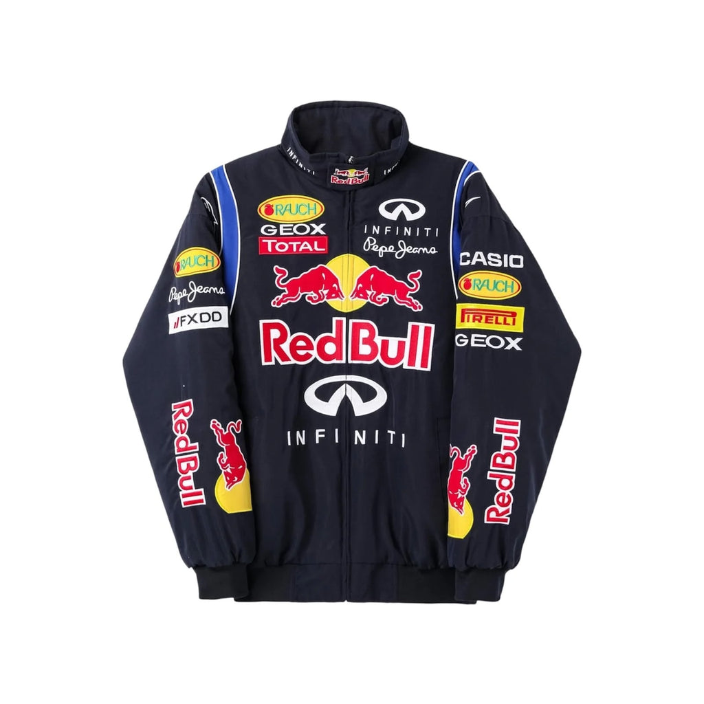 Red Bull Racing F1 team jacket front view featuring sponsor logos and branding