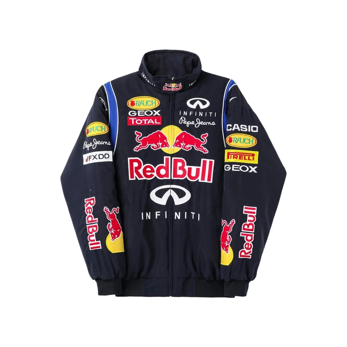 Red Bull Racing F1 team jacket front view featuring sponsor logos and branding