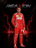 Sebastian Vettel in Ferrari 2017 F1 Racing Suit and matching helmet stands against a dark dramatic background with red lightning effects and the large text 'REAXION RACEGEAR' at the top. The suit has visible sponsor logos including Santander, Shell, and Puma.