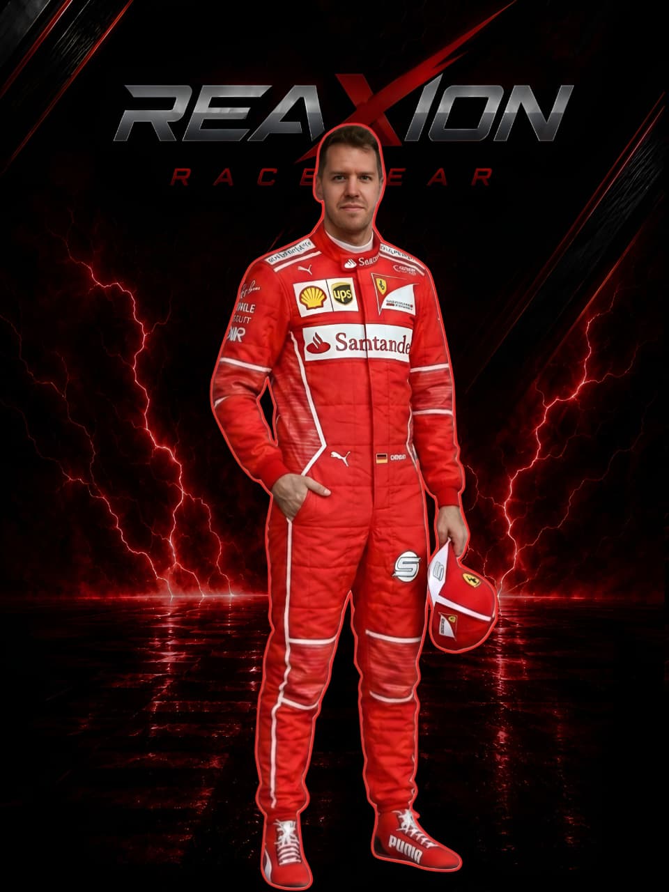 Sebastian Vettel in Ferrari 2017 F1 Racing Suit and matching helmet stands against a dark dramatic background with red lightning effects and the large text 'REAXION RACEGEAR' at the top. The suit has visible sponsor logos including Santander, Shell, and Puma.