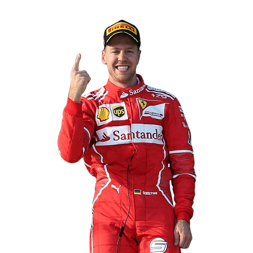 Sebastian Vettel in Ferrari 2017 F1 Racing Suit with various sponsor logos on a white background