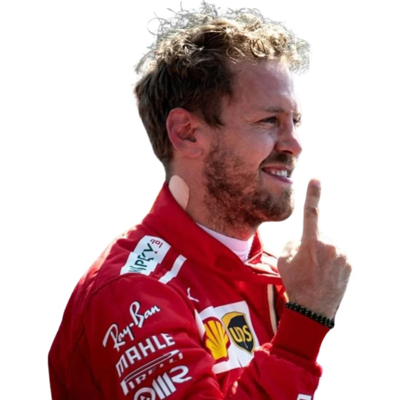 Sebastian Vettel in Ferrari 2017 F1 Racing Suit with various logos, pointing upwards.