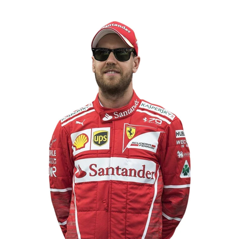 Sebastian Vettel in Ferrari 2017 F1 Racing Suit with various sponsor logos on a white background