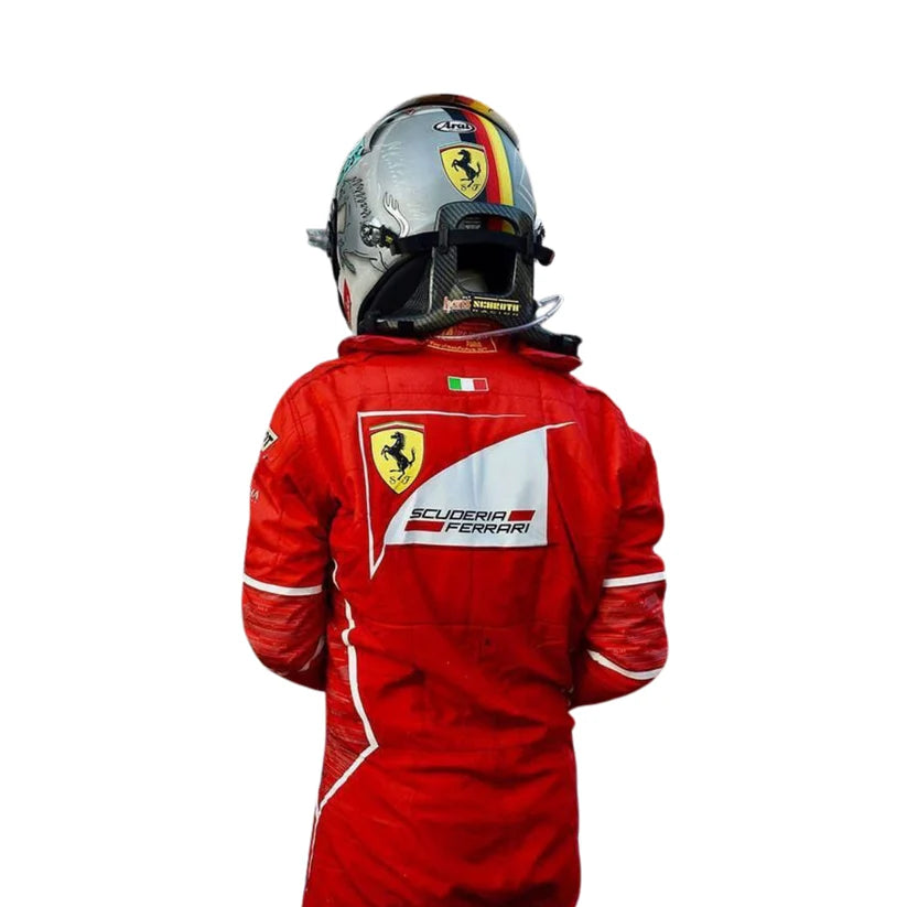 Red Ferrari racing suit with helmet on a white background
