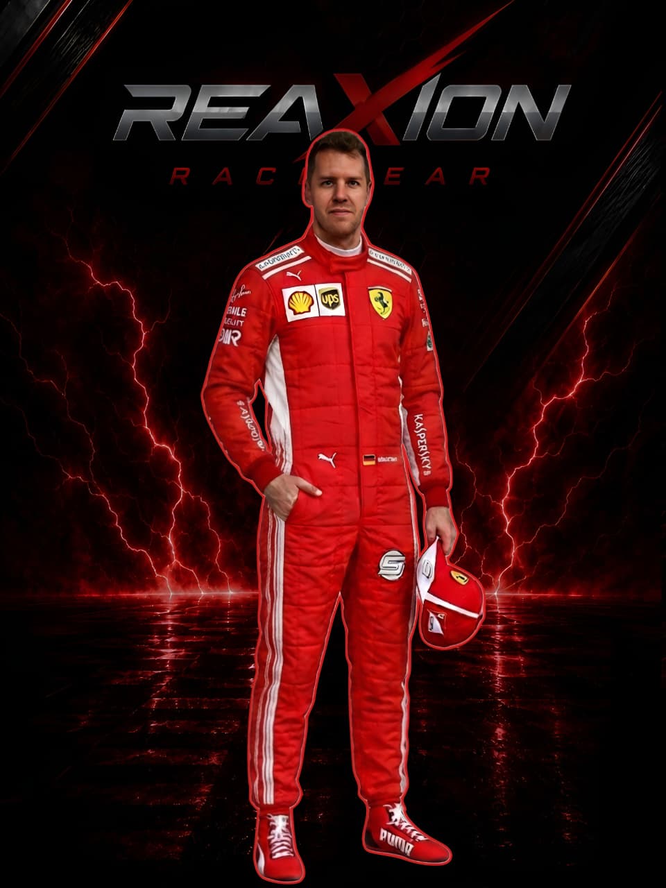 Sebastian Vettel in Ferrari 2018 F1 Racing Suit and matching red shoes stands holding a red racing helmet against a dark dramatic background with lightning effects and the text 'REAXION RACEGEAR'. Visible branding includes Puma, Ferrari, Shell, and others on the suit.