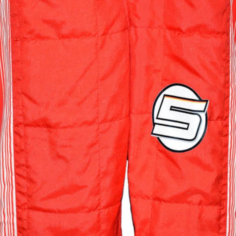 Close-up of red quilted pants with a large white number 5 logo on the left leg and thin white side stripes.