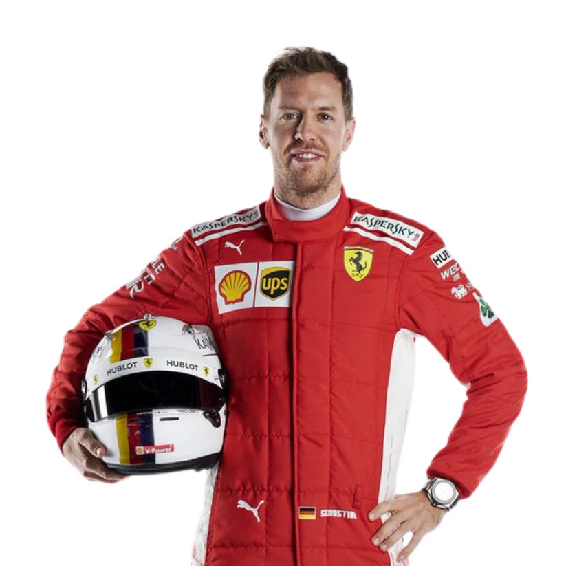 Sebastian Vettel in Ferrari 2018 F1 Racing Suit with various sponsor logos, holding a helmet.