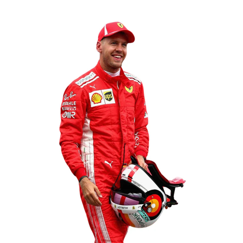 Sebastian Vettel in Ferrari 2018 F1 Racing Suit holding a helmet on a white background