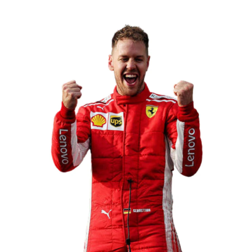 Person wearing a red racing suit with various sponsor logos on a white background