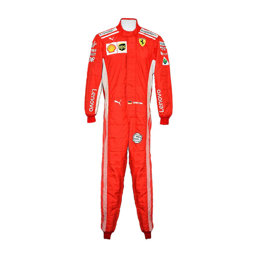 A red Ferrari racing suit with white side stripes and multiple sponsor logos, shown on a plain white background.