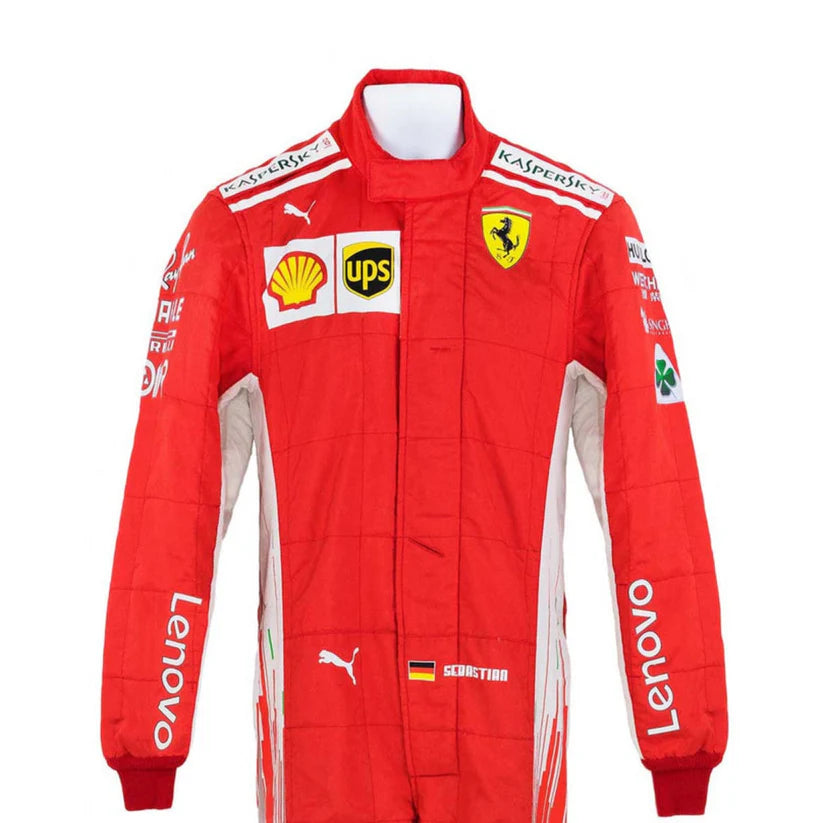 Red racing suit with various sponsor logos on a white background