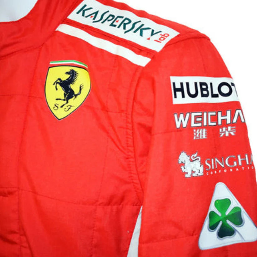 Red racing suit with various brand logos on a white background