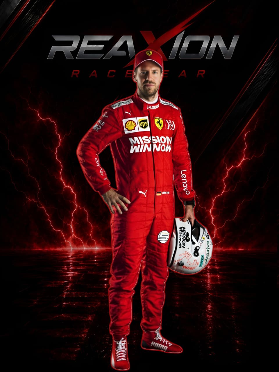 Sebastian Vettel in Ferrari 2019 F1 Racing Suit and cap stands holding a white racing helmet, with a dark dramatic background featuring red lightning effects and the text 'REAXION RACE GEAR' and 'Mission Win Now'. Visible branding includes Ferrari, Puma, Lenovo, Shell, and others on the suit and helmet.
