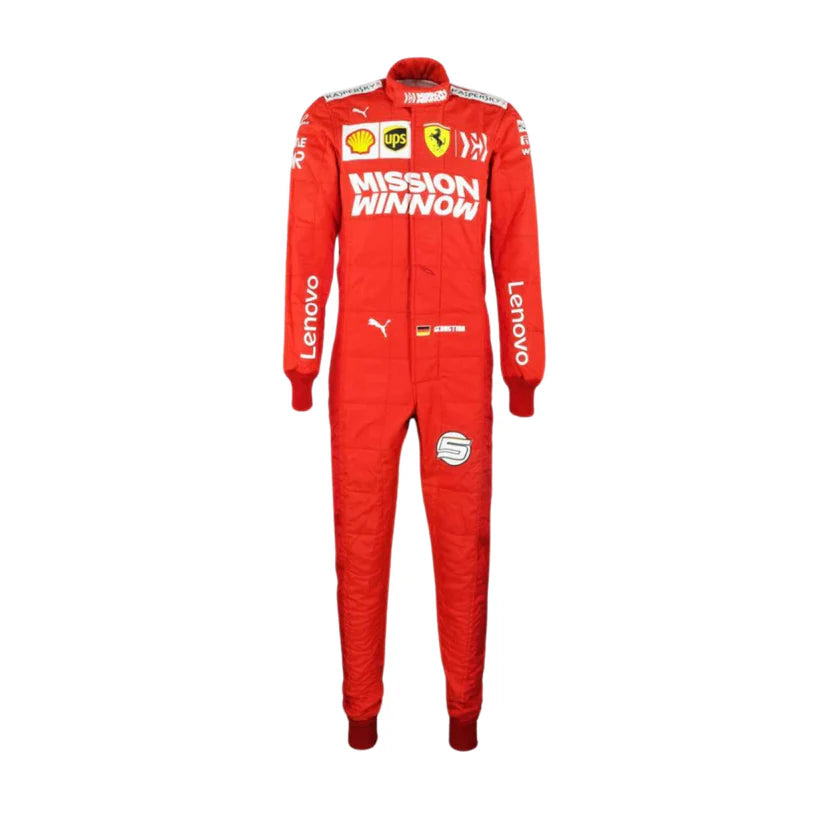 A red full-body racing suit with sponsor logos including Mission Winnow, Lenovo, Puma, Ferrari, and Shell, shown against a plain white background.