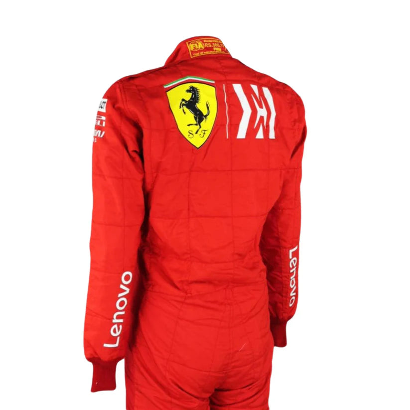 Red racing suit with Ferrari logo on a white background