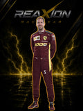 Sebastian Vettel in Ferrari 2020 1000 GP F1 Racing Suit with Ferrari and Puma logos, standing against a dramatic black background with yellow lightning and the text 'REAXION RACE GEAR'.