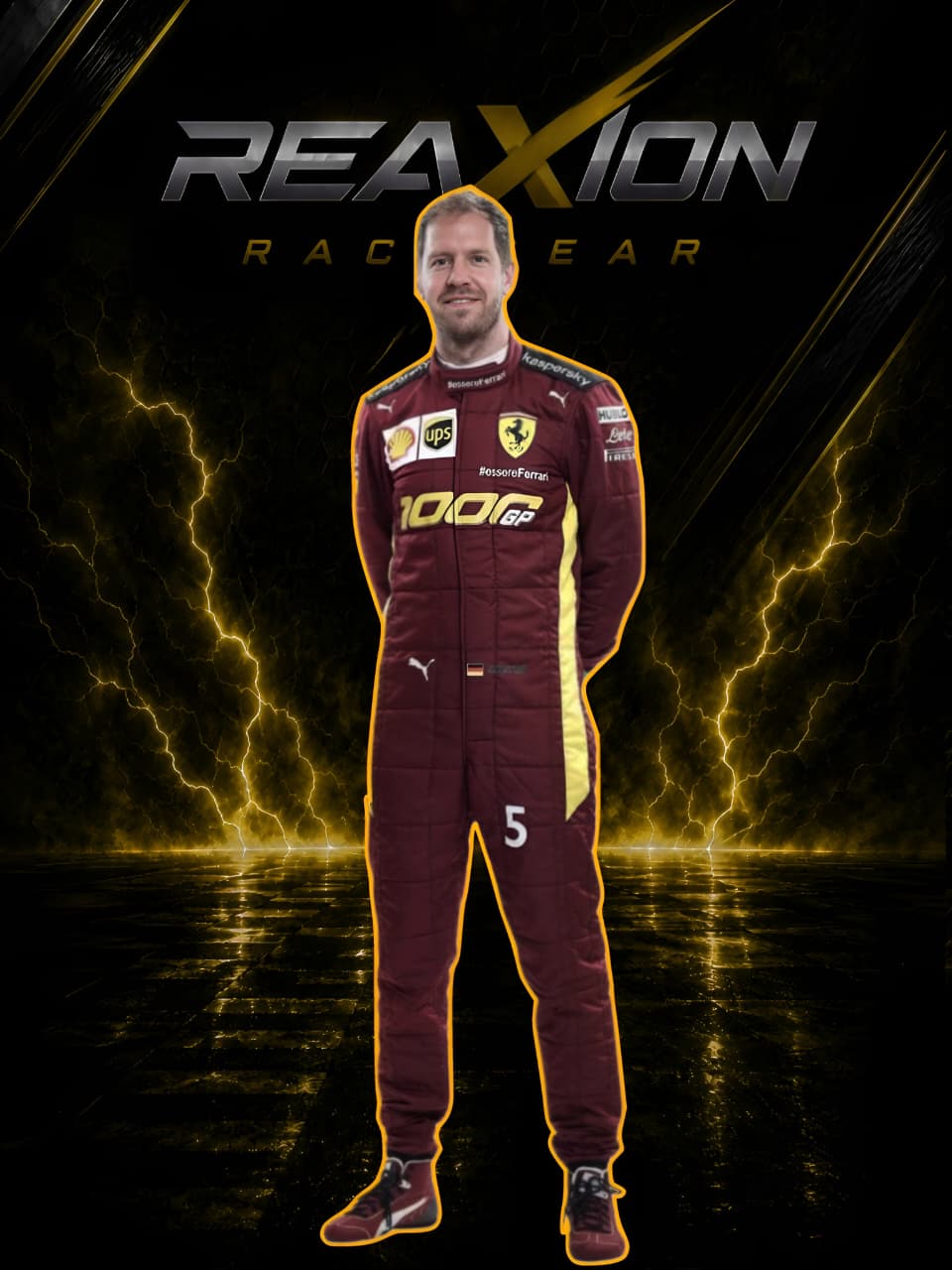 Sebastian Vettel in Ferrari 2020 1000 GP F1 Racing Suit with Ferrari and Puma logos, standing against a dramatic black background with yellow lightning and the text 'REAXION RACE GEAR'.