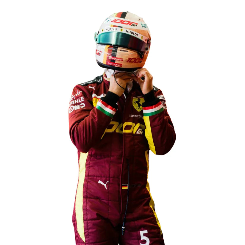 Sebastian Vettel in Ferrari 2020 1000 GP F1 Racing Suit and helmet with visible branding on a white background