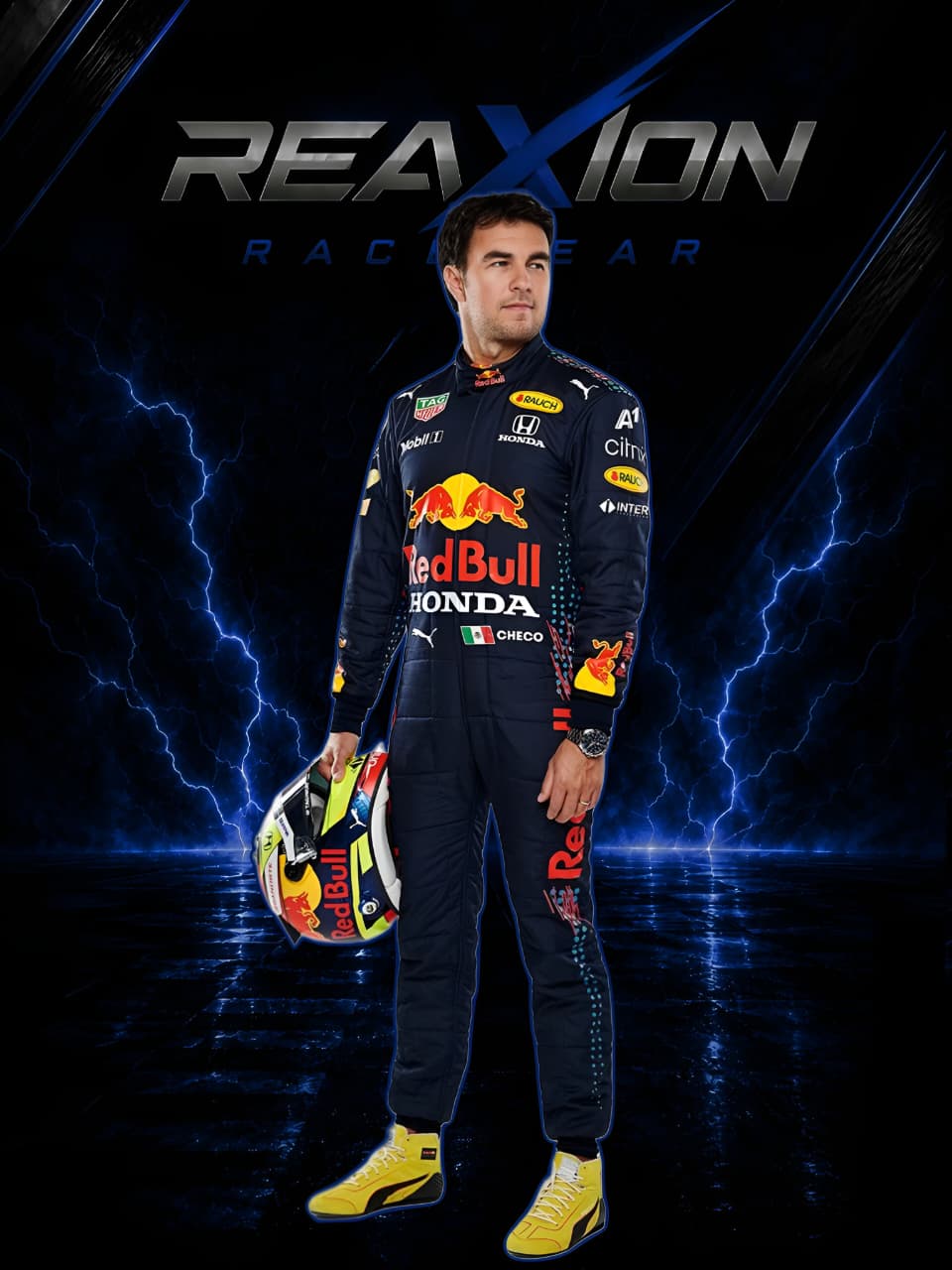 Sergio Perez Red Bull 2021 F1 Racing Suit with helmet, standing against a dark background with lightning effects, featuring 'Red Bull' and 'Honda' logos.