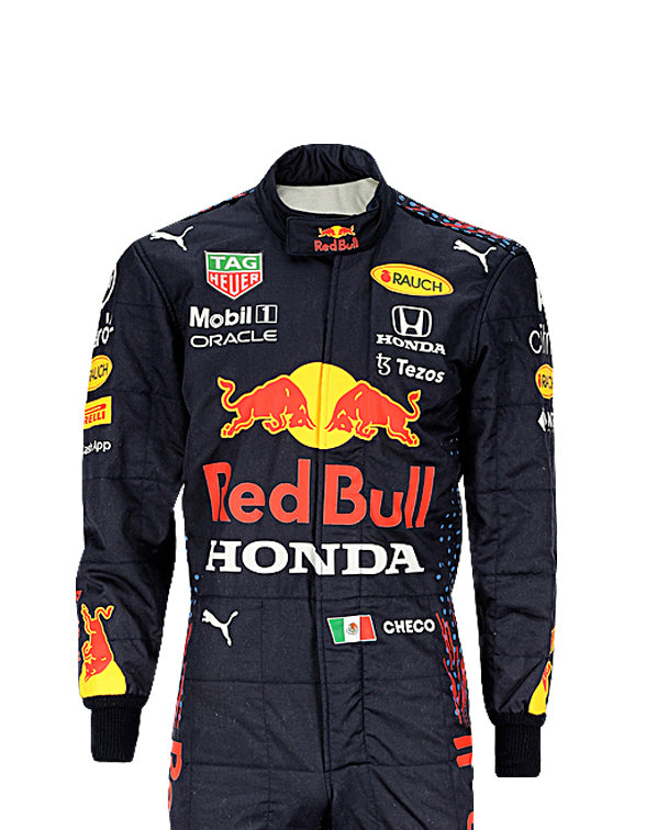 Formula 1 racing suit with Red Bull and Honda branding on a white background