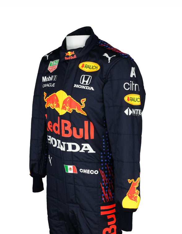 Formula 1 racing suit with Red Bull and Honda branding on a white background