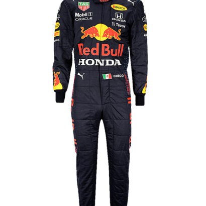 2021 F1 racing suit with Red Bull and Honda branding on a white background