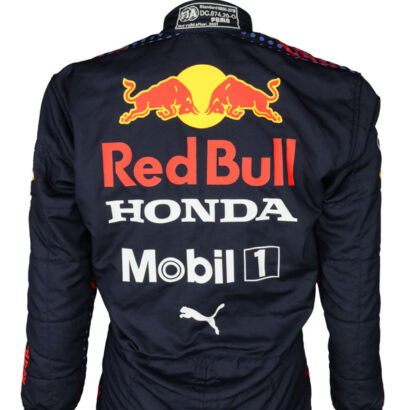 2021 Formula 1 suit with Red Bull, Honda, and Mobil 1 logos on a white background