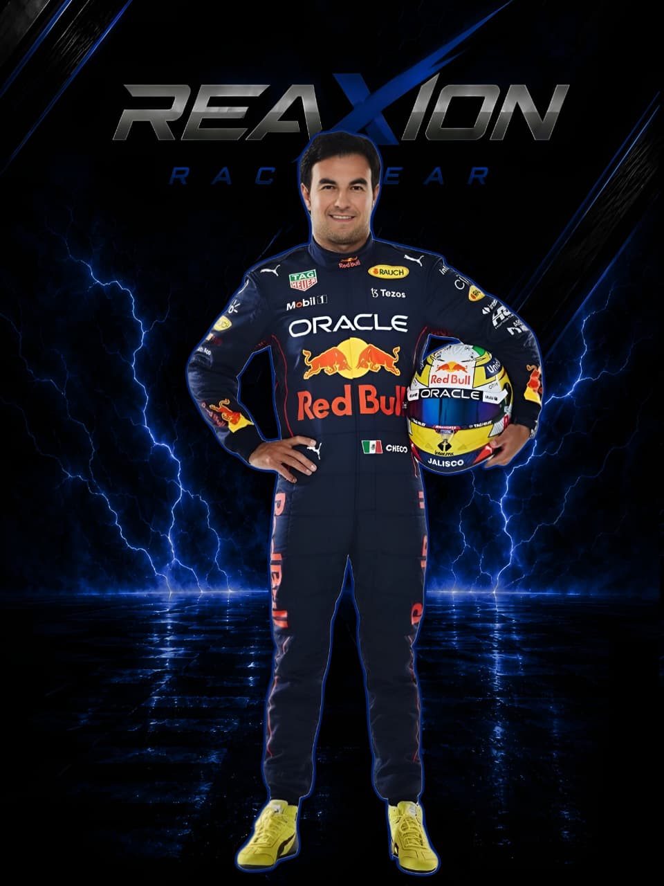 Sergio Perez Red Bull 2022 F1 Racing Suit holding a helmet against a dark background with 'Reaxion Racgear' branding.