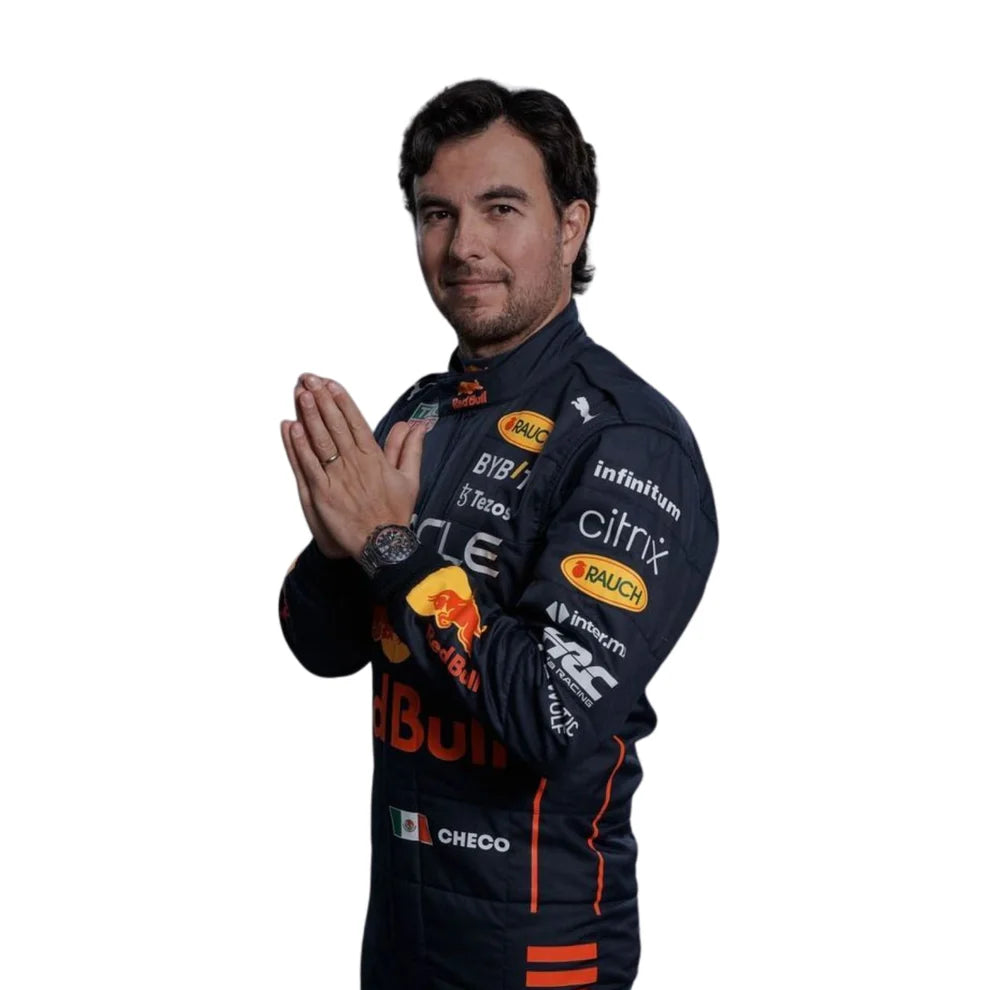 Sergio Perez Red Bull 2022 F1 Racing Suit with various sponsor logos on a white background