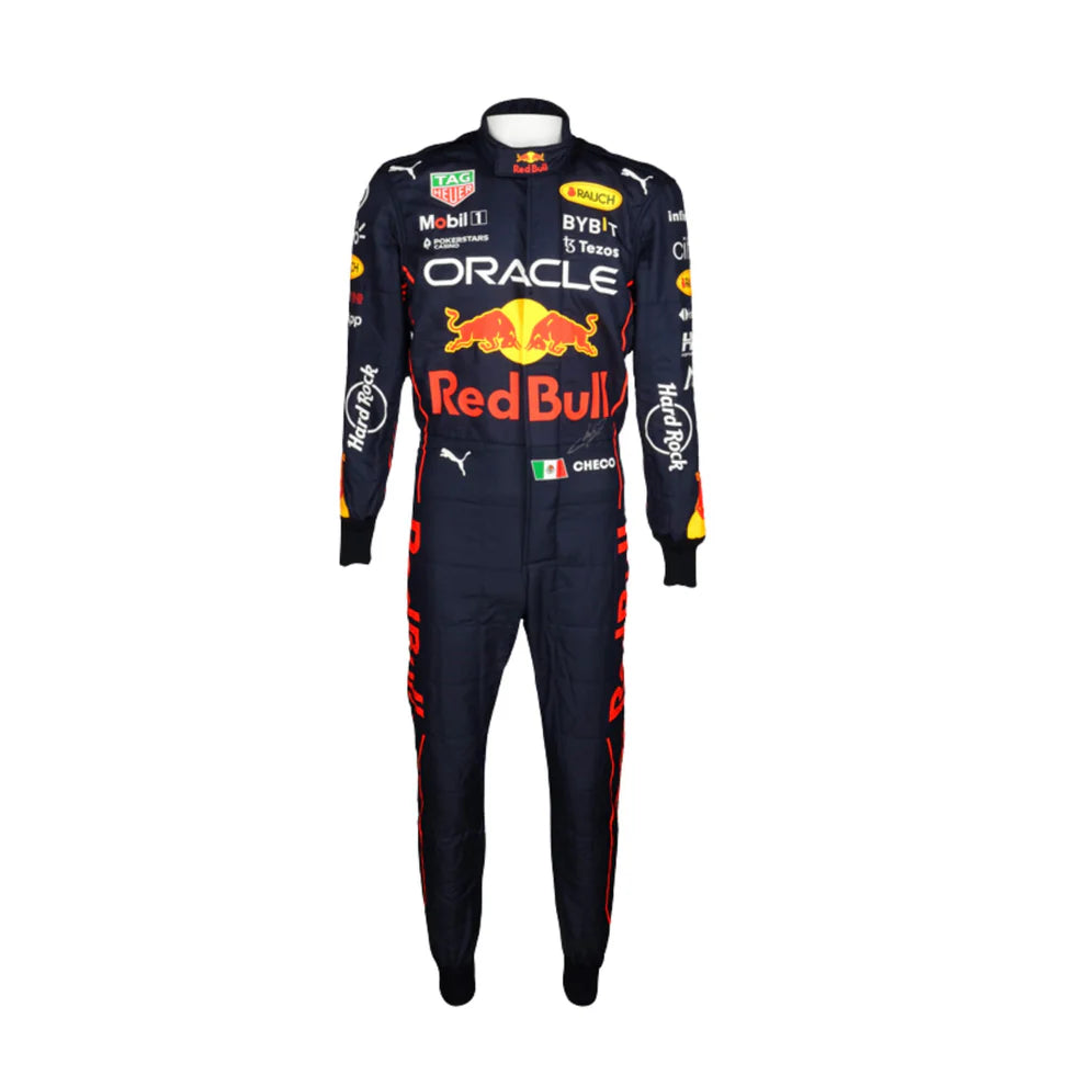 Black racing suit with Red Bull and Oracle branding on a white background