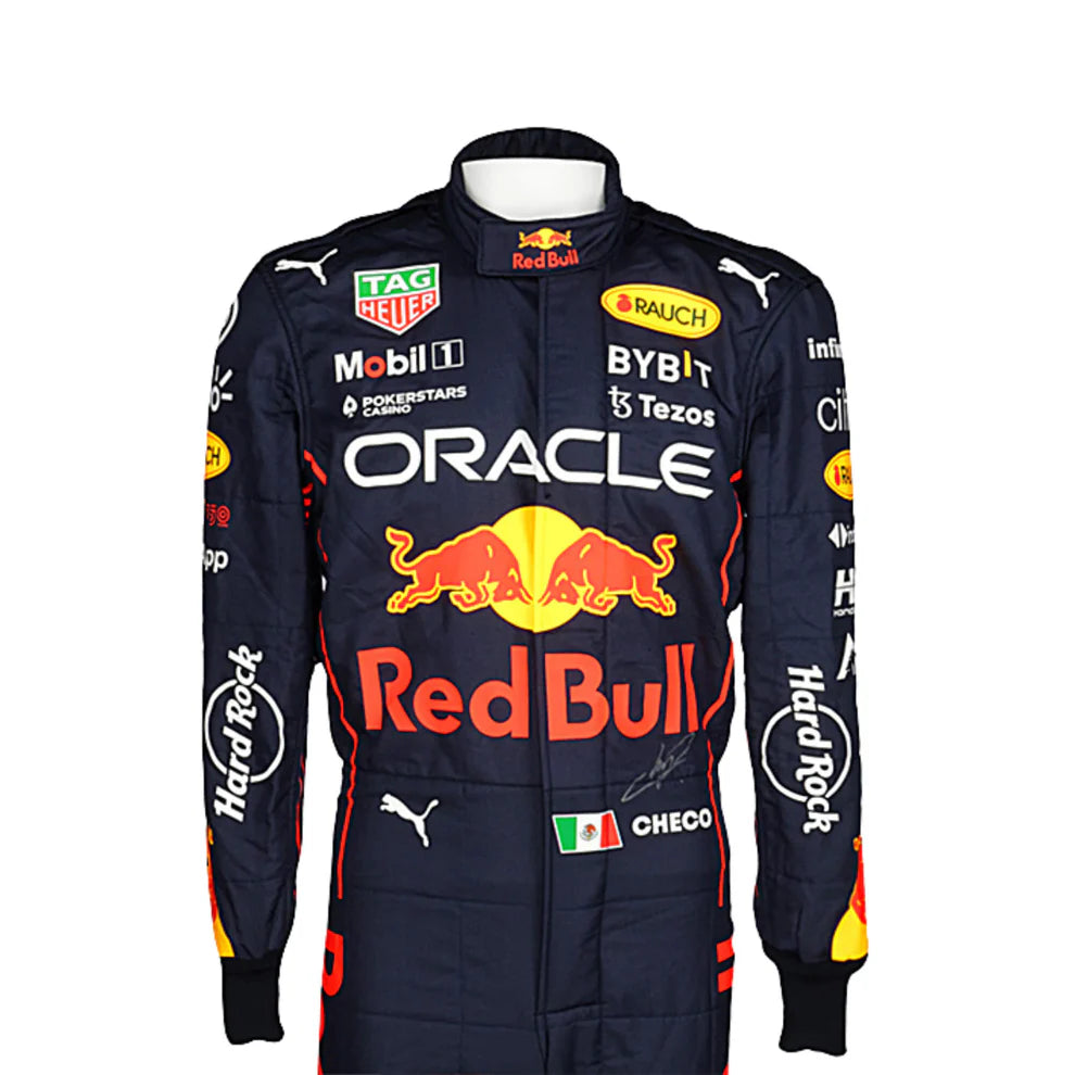 Formula 1 racing suit with various brand logos on a white background